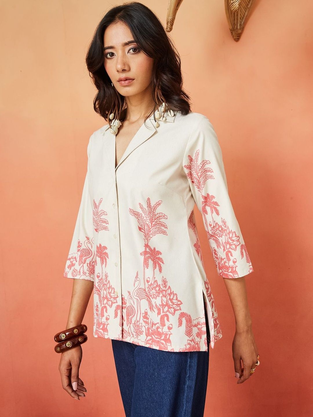 Cream and Pink Pure Cotton Tropical Print Casual Shirt Featuring a Notch Collar Design