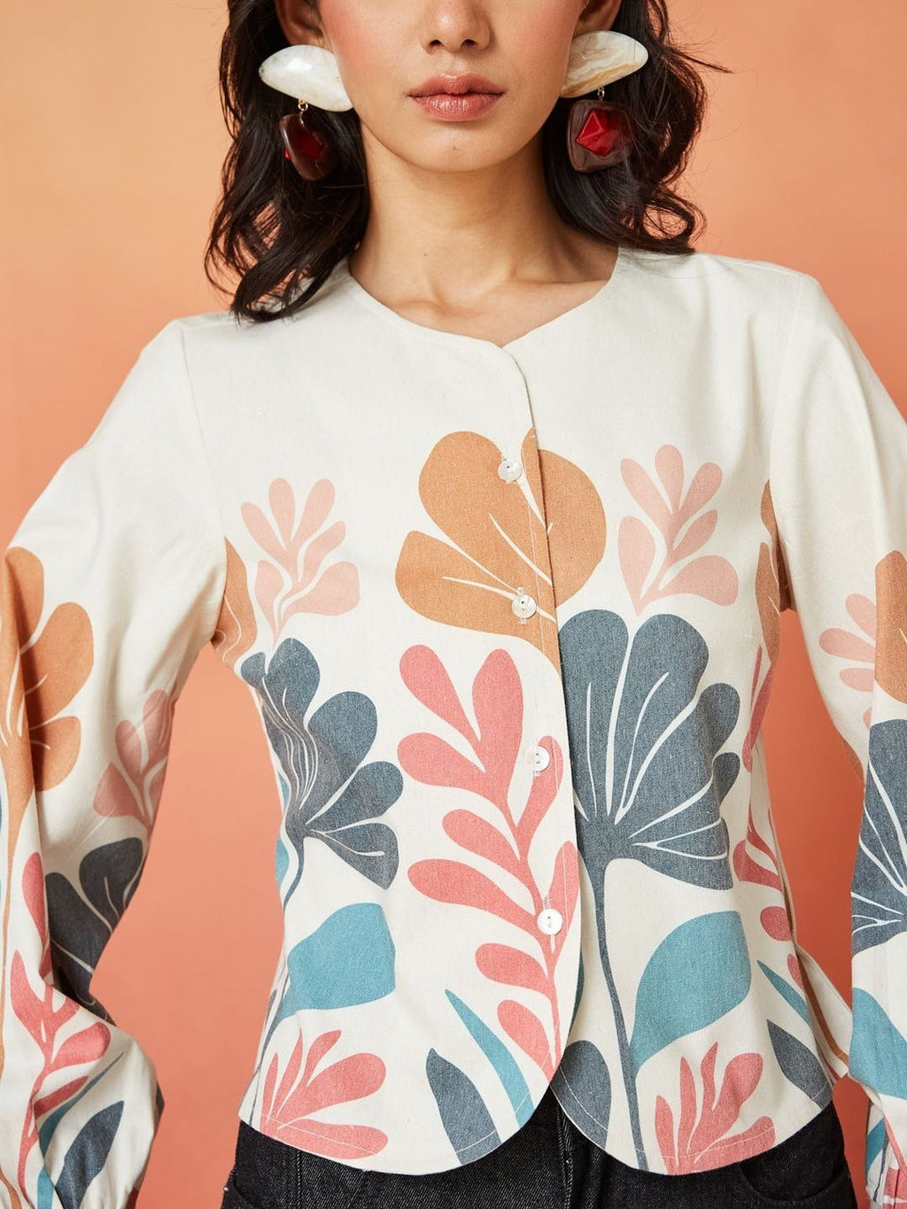 Cream Multi-Colored Pure Cotton Botanical Print Regular Shirt Featuring a Collarless Round Neck Design