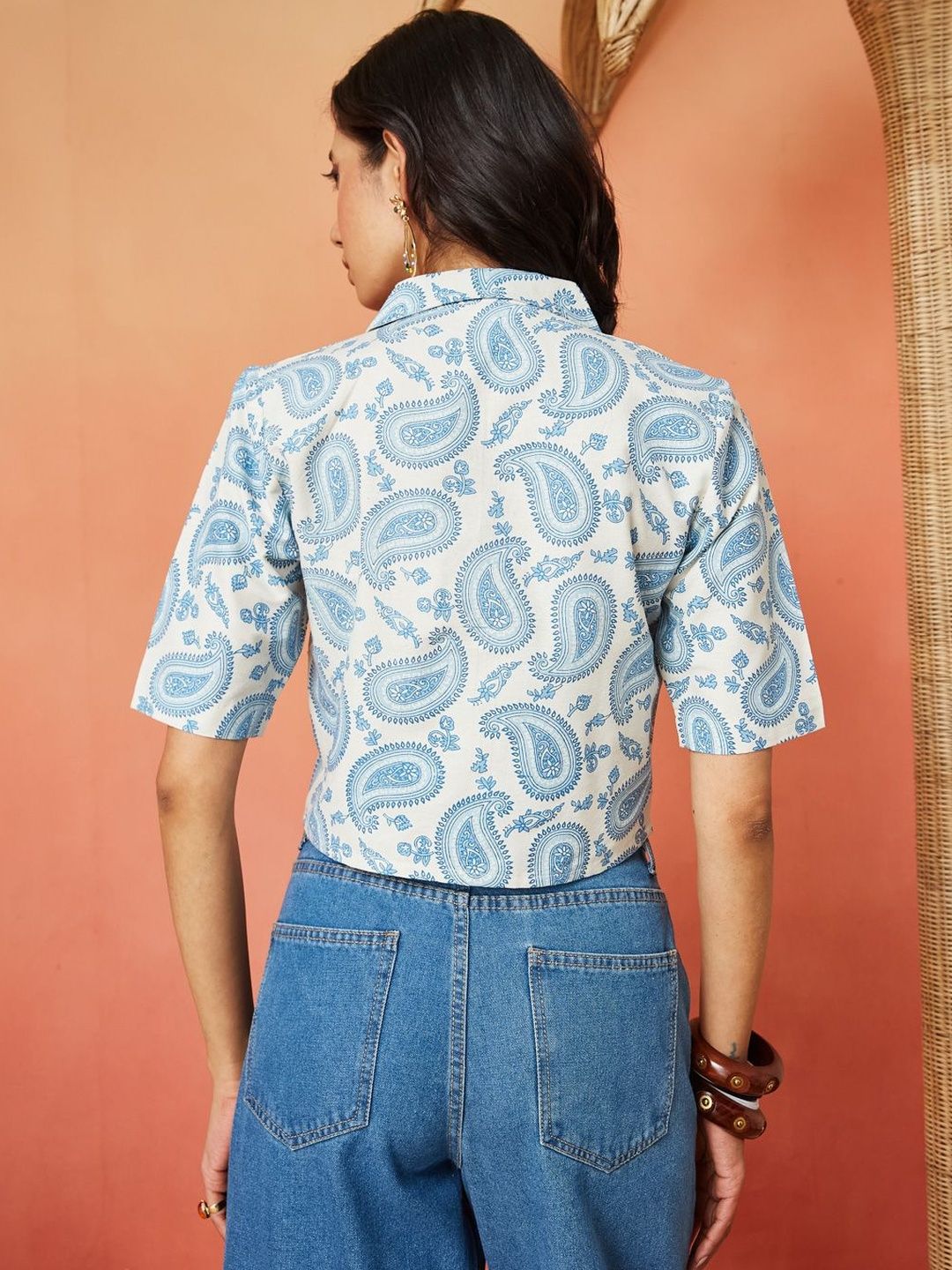 Cream and Blue Pure Cotton Paisley Print Casual Shirt Featuring a Notch Collar Design