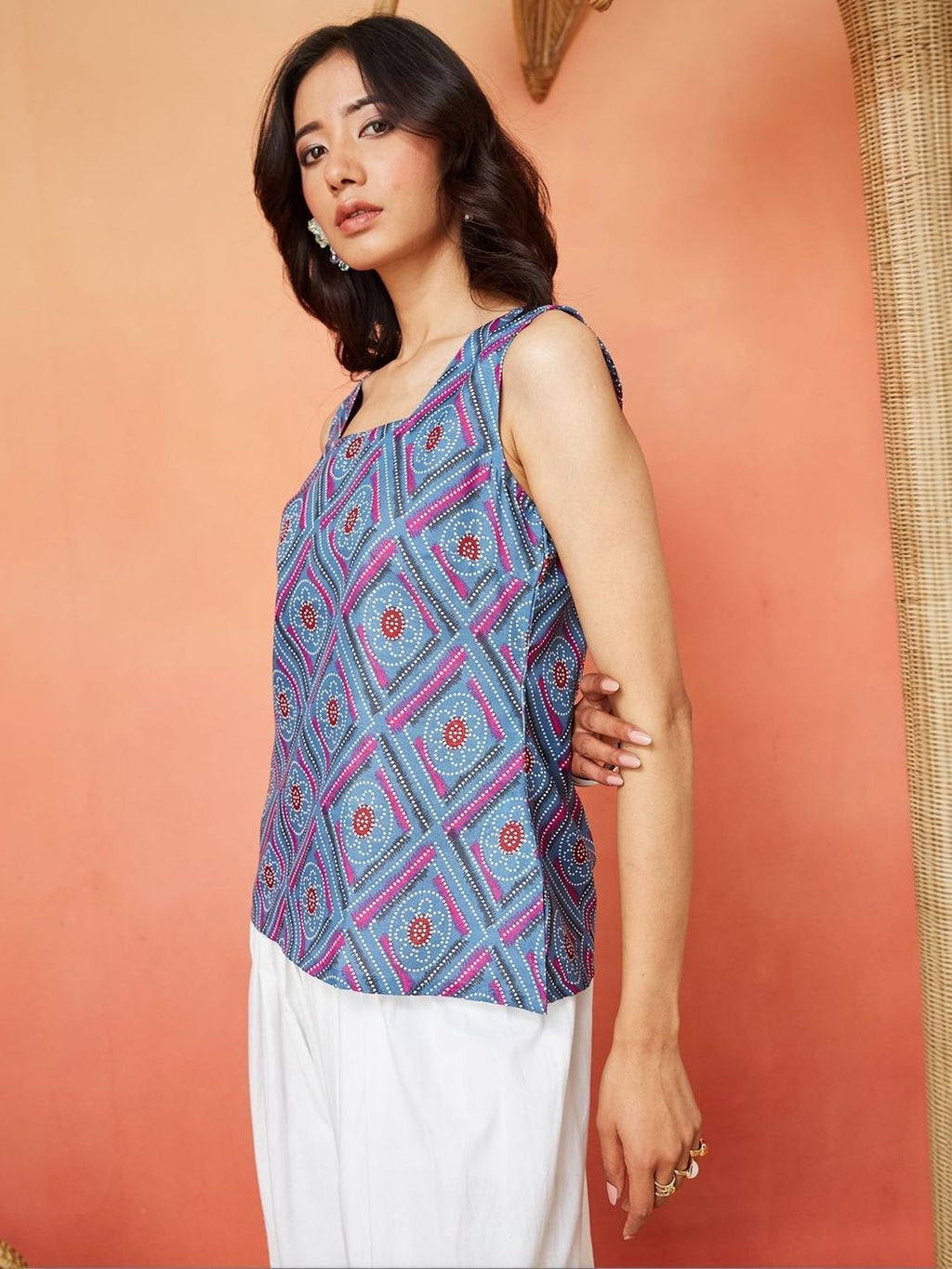Blue Pure Cotton Geometric Print Ethnic Top Featuring a Square Neck Design