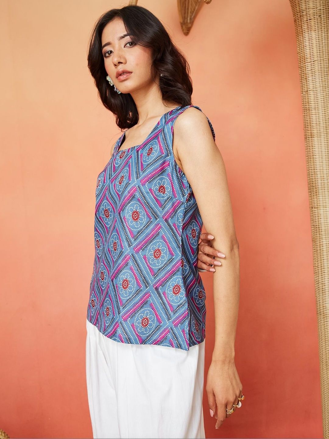 Blue Pure Cotton Geometric Print Ethnic Top Featuring a Square Neck Design