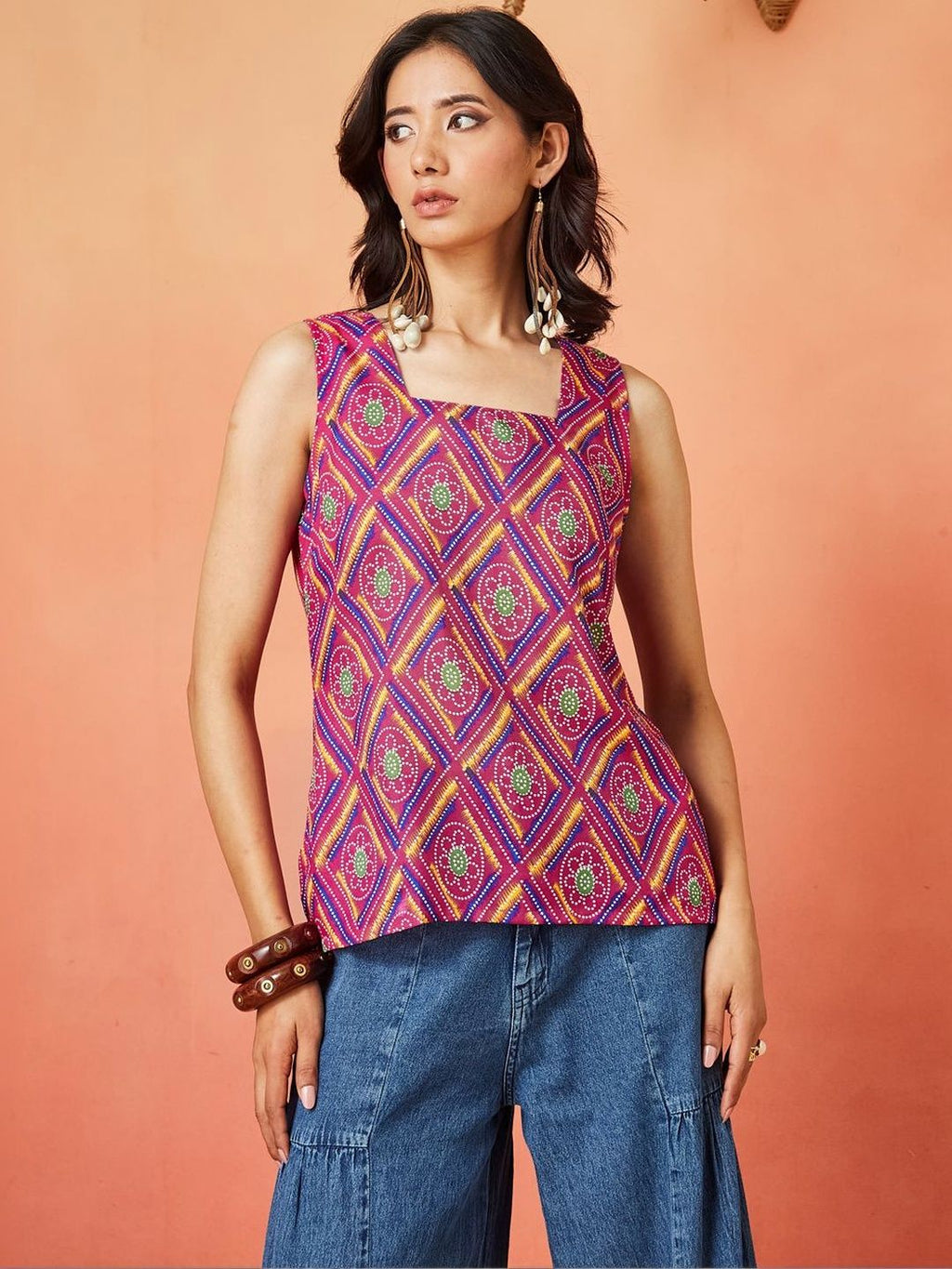 Magenta Pure Cotton Geometric Print Casual Top Featuring a Square Neck Design