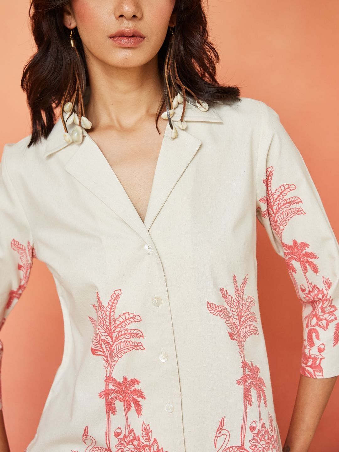 Cream and Pink Pure Cotton Tropical Print Casual Shirt Featuring a Notch Collar Design