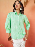 Light Green and White Pure Cotton Floral Thread Work Casual Shirt Featuring Puff Sleeves