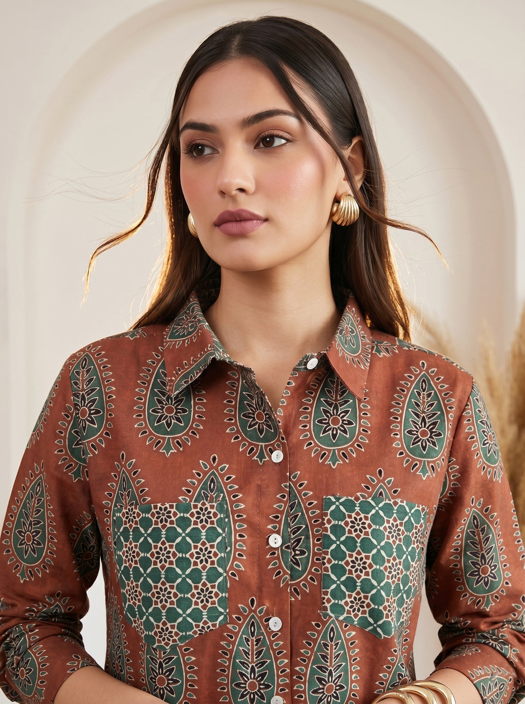 Brown and Green Pure Cotton Printed Regular Shirt Featuring Contrasting Pockets and a Standard Collar Design
