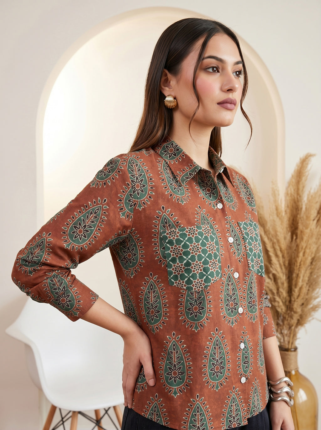 Brown and Green Pure Cotton Printed Regular Shirt Featuring Contrasting Pockets and a Standard Collar Design