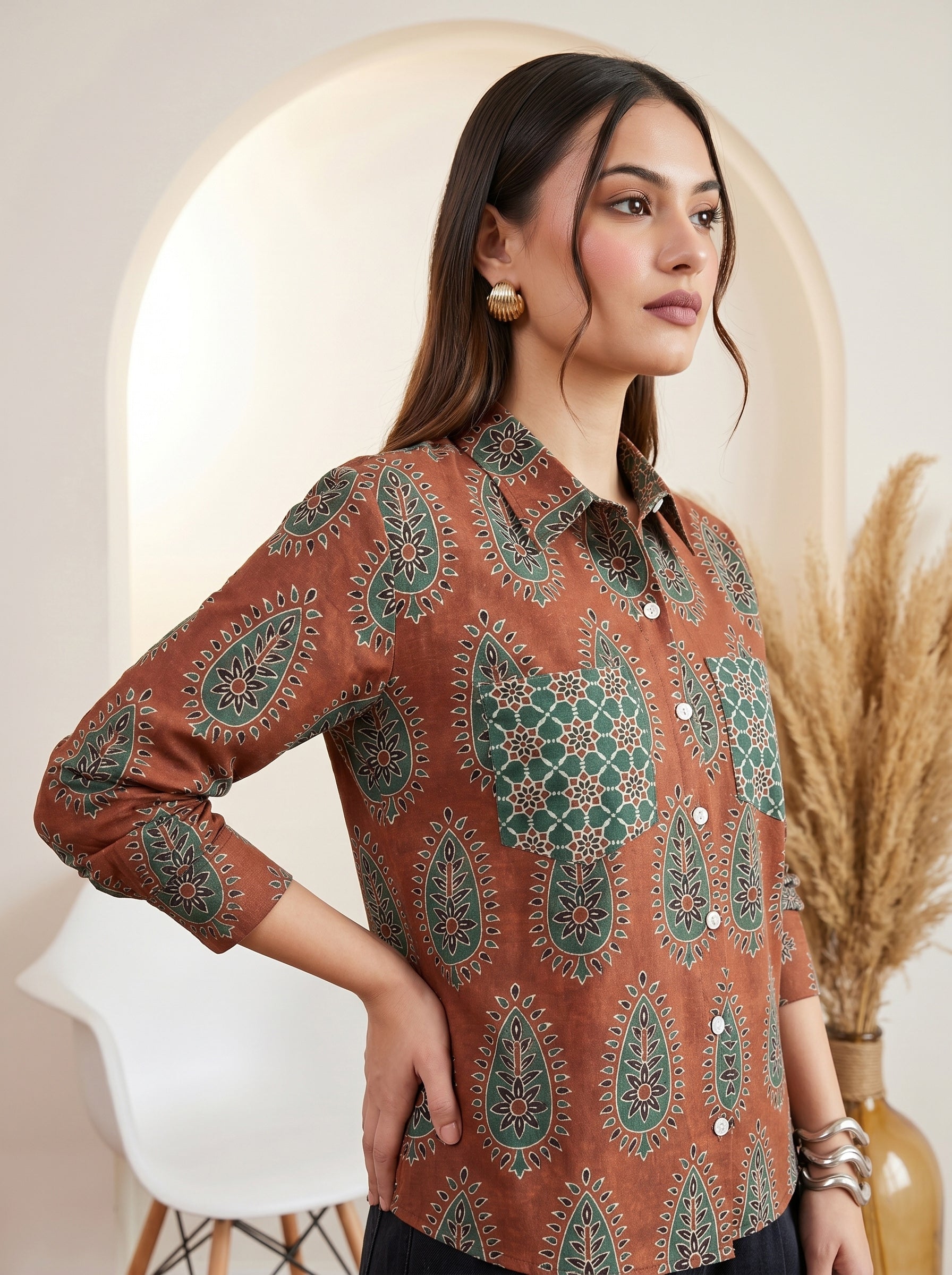 Brown and Green Pure Cotton Printed Regular Shirt Featuring Contrasting Pockets and a Standard Collar Design