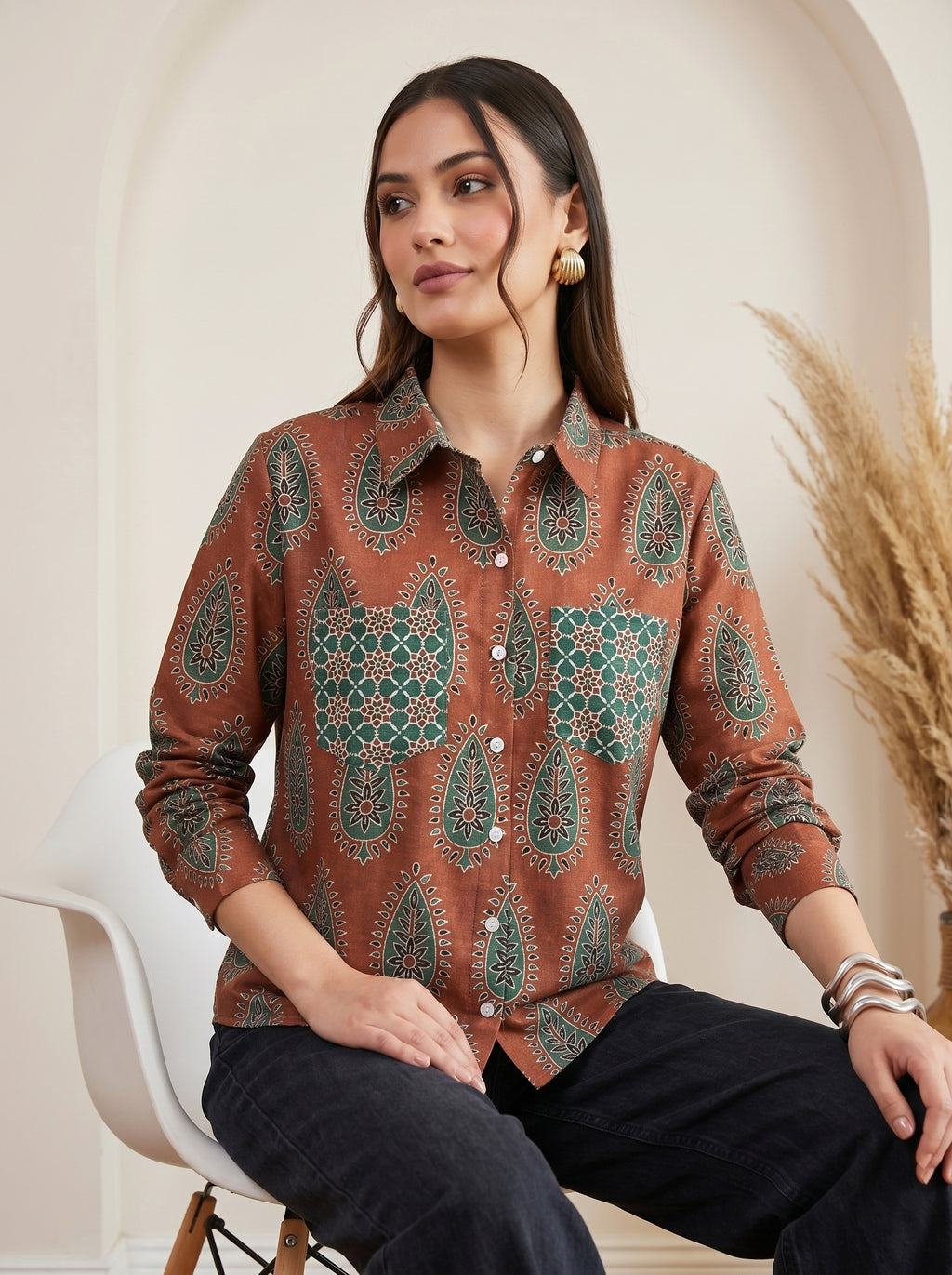 Brown and Green Pure Cotton Printed Regular Shirt Featuring Contrasting Pockets and a Standard Collar Design