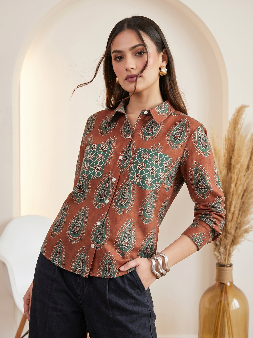 Brown and Green Pure Cotton Printed Regular Shirt Featuring Contrasting Pockets and a Standard Collar Design