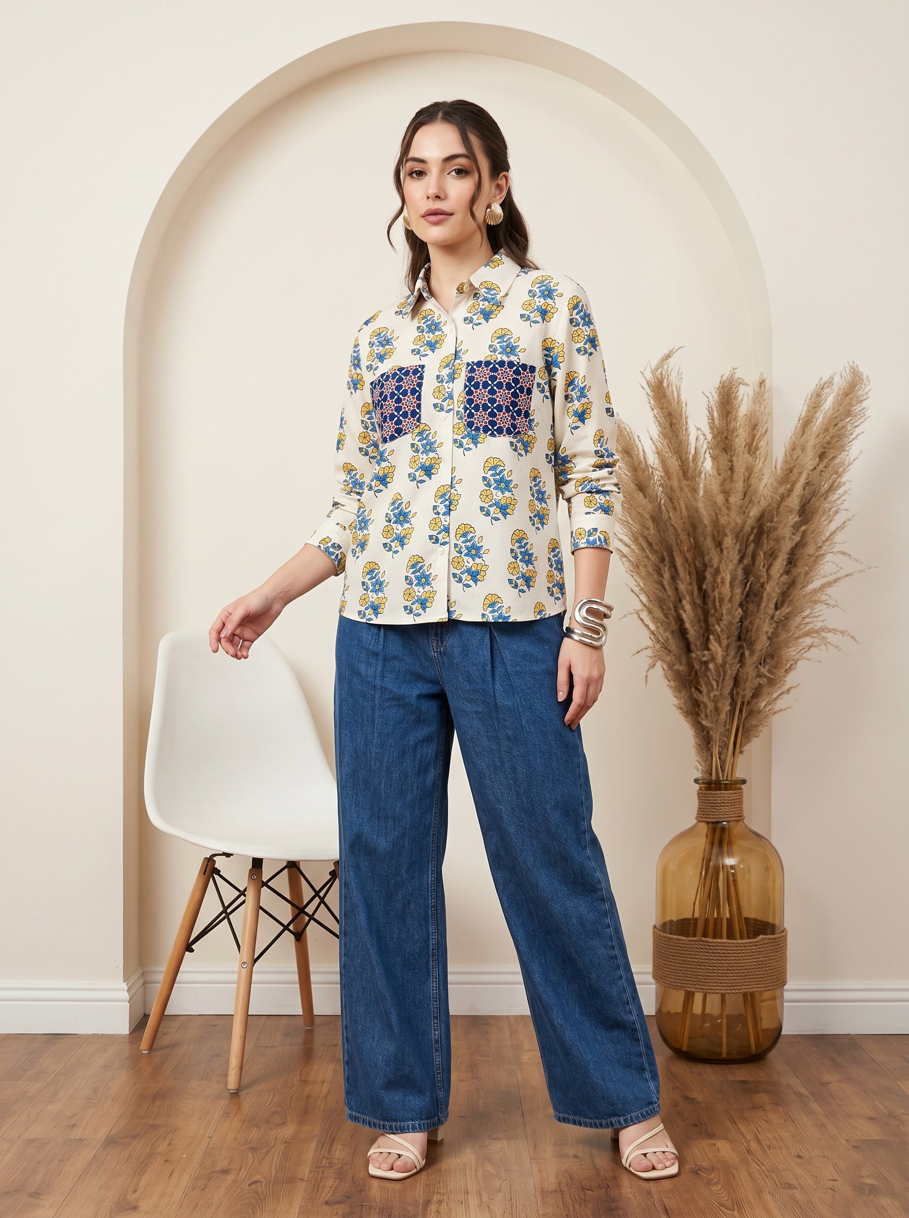 Cream and Blue Pure Cotton Floral Print Straight Shirt Featuring Contrasting Pockets and a Standard Collar Design