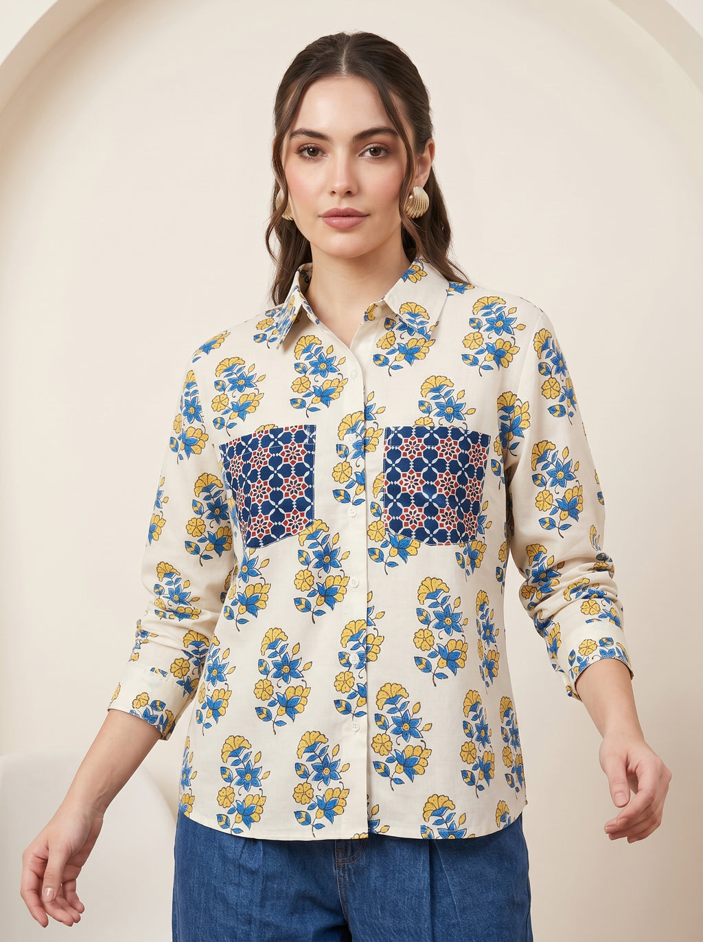 Cream and Blue Pure Cotton Floral Print Straight Shirt Featuring Contrasting Pockets and a Standard Collar Design