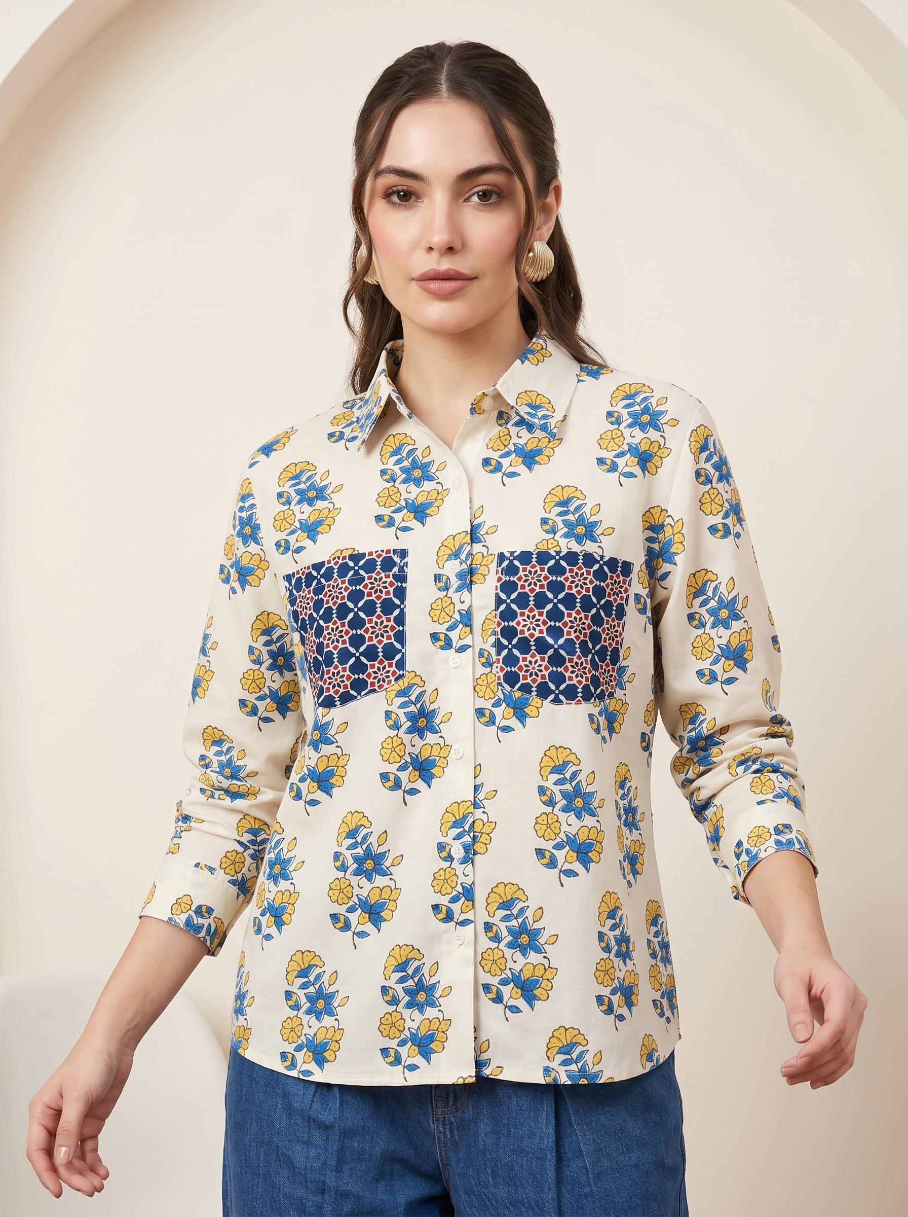 Cream and Blue Pure Cotton Floral Print Straight Shirt Featuring Contrasting Pockets and a Standard Collar Design