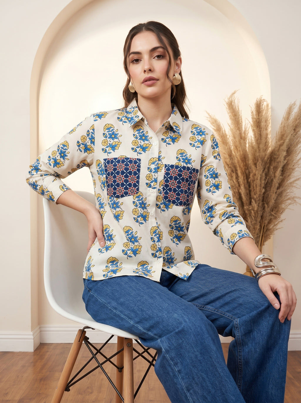 Cream and Blue Pure Cotton Floral Print Straight Shirt Featuring Contrasting Pockets and a Standard Collar Design