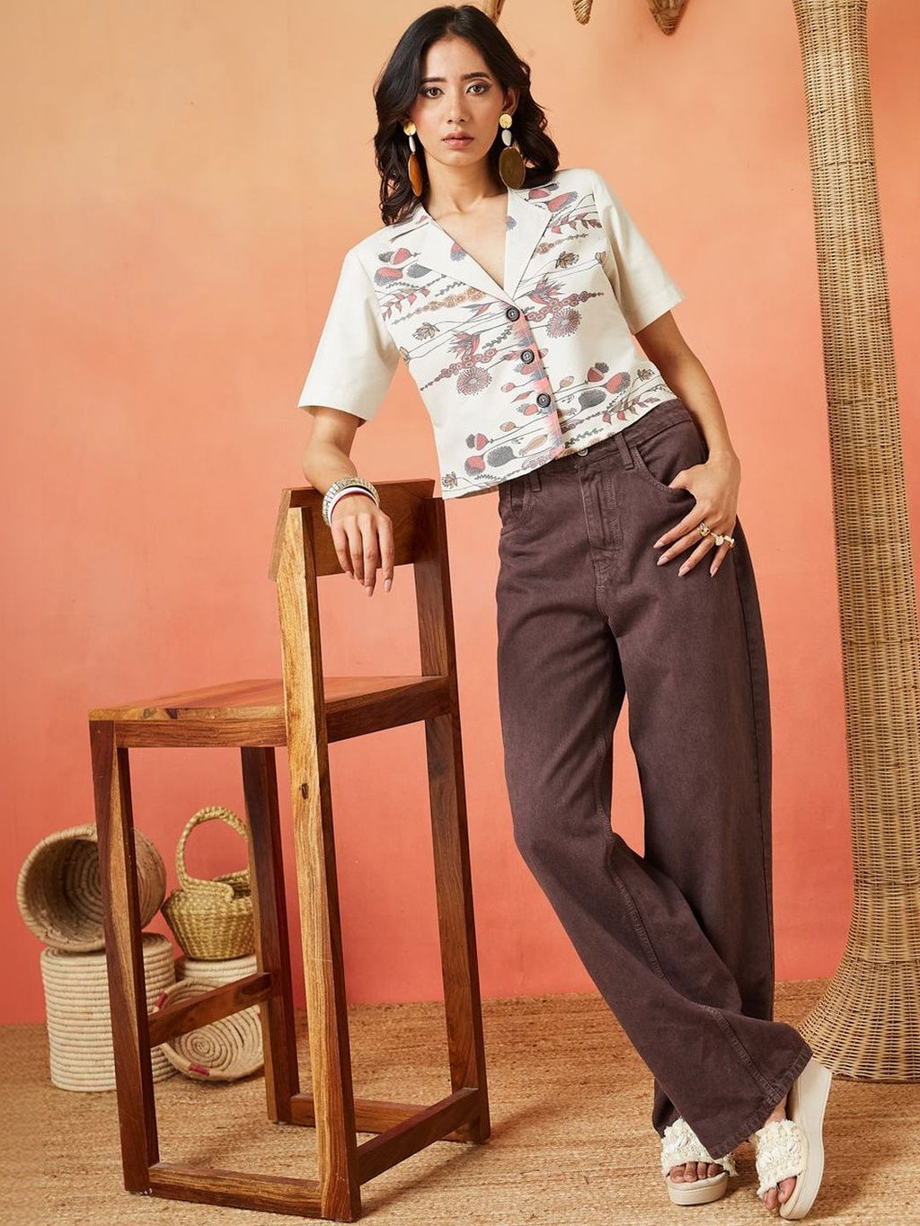 Cream Multi-Colored Pure Cotton Printed Casual Shirt Featuring a Notch Collar Design