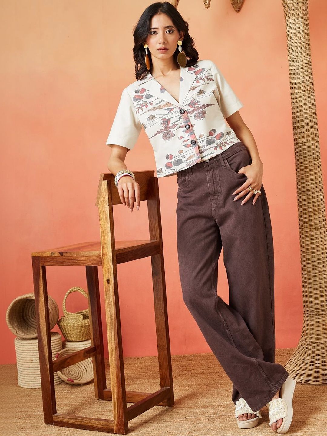 Cream Multi-Colored Pure Cotton Printed Casual Shirt Featuring a Notch Collar Design