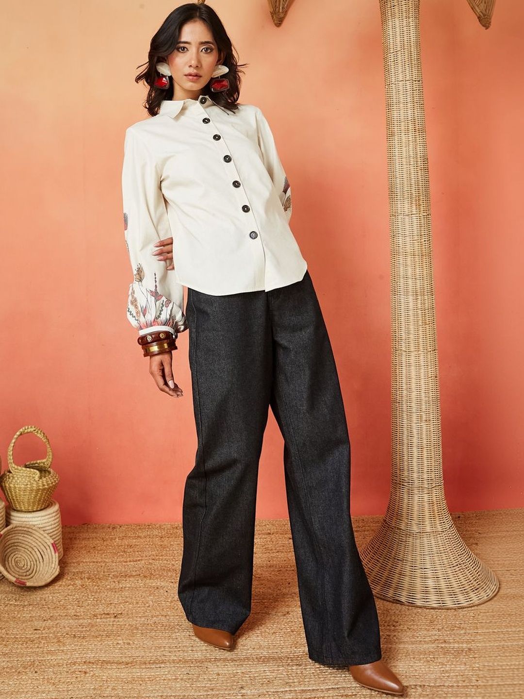 Cream Pure Cotton Casual Shirt with Floral Printed Sleeves Featuring a Standard Collar Design