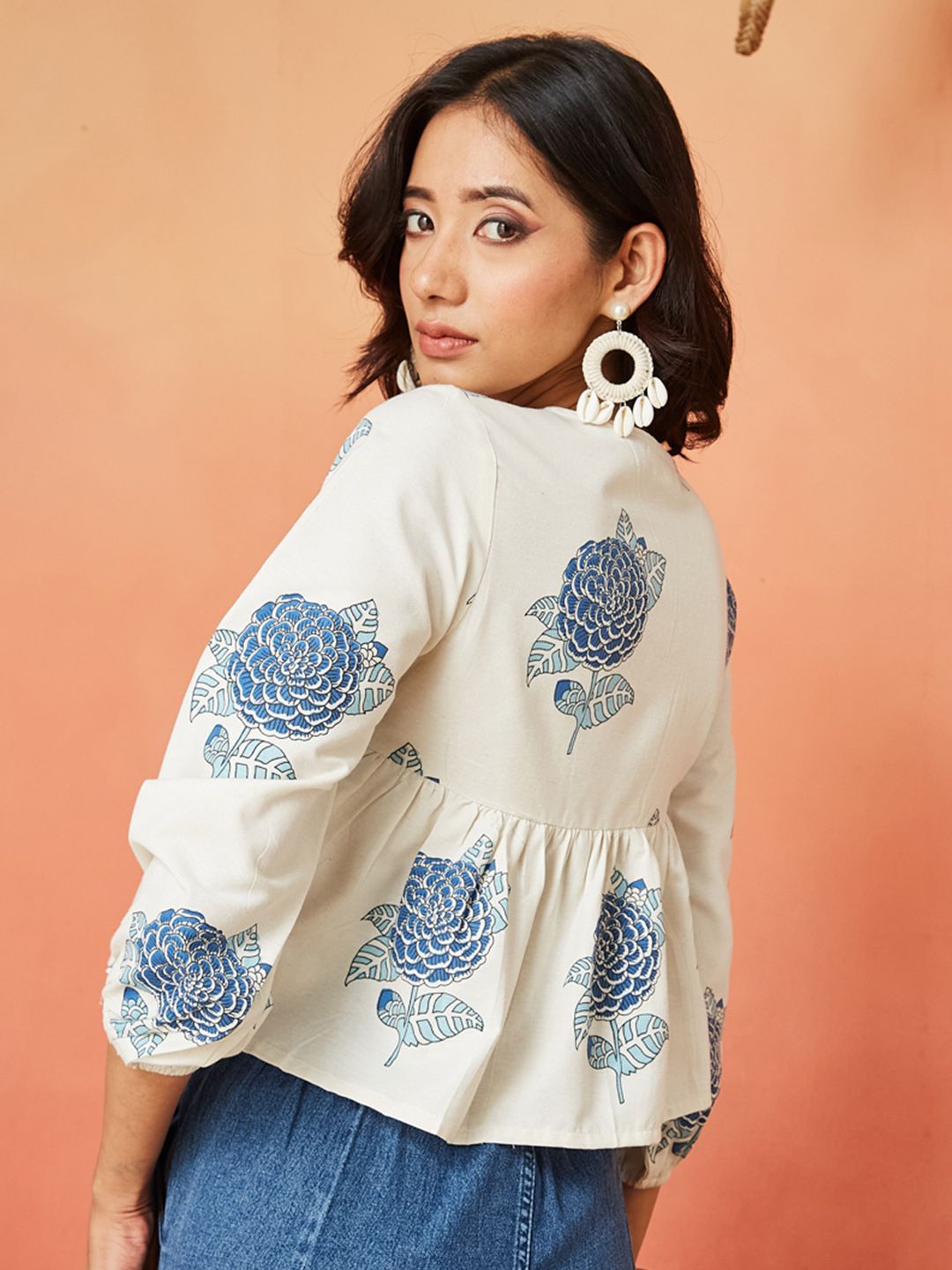 Cream and Blue Pure Cotton Floral Print Peplum Crop Top Featuring Bishop Sleeves and a Front Tie-Up Design