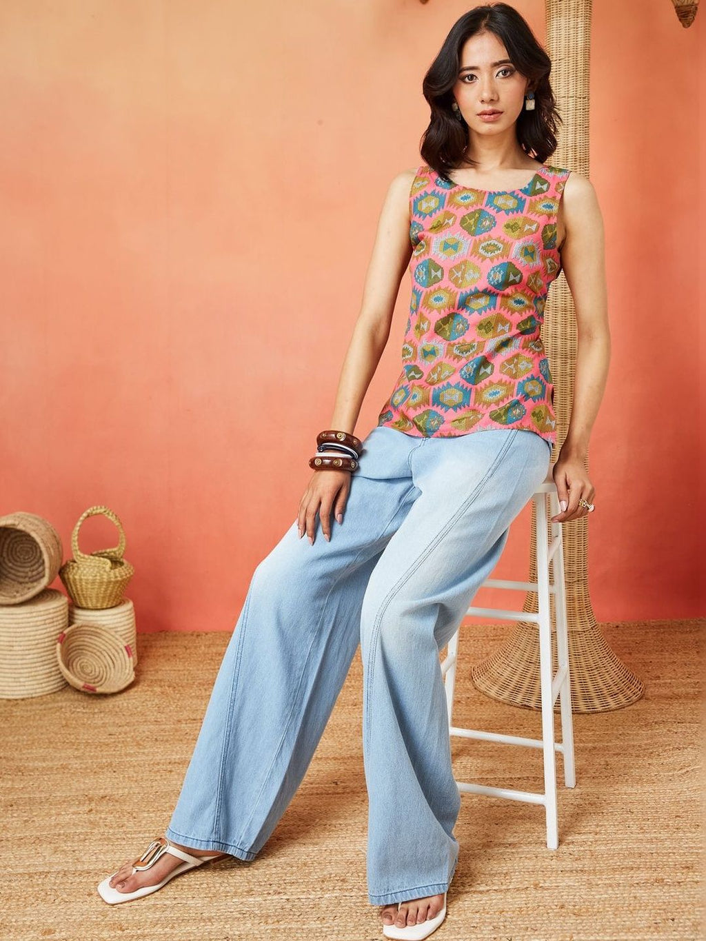 Multicolor Pink and Olive Green Pure Cotton Ethnic Printed Sleeveless Top Featuring a Round Neck Design