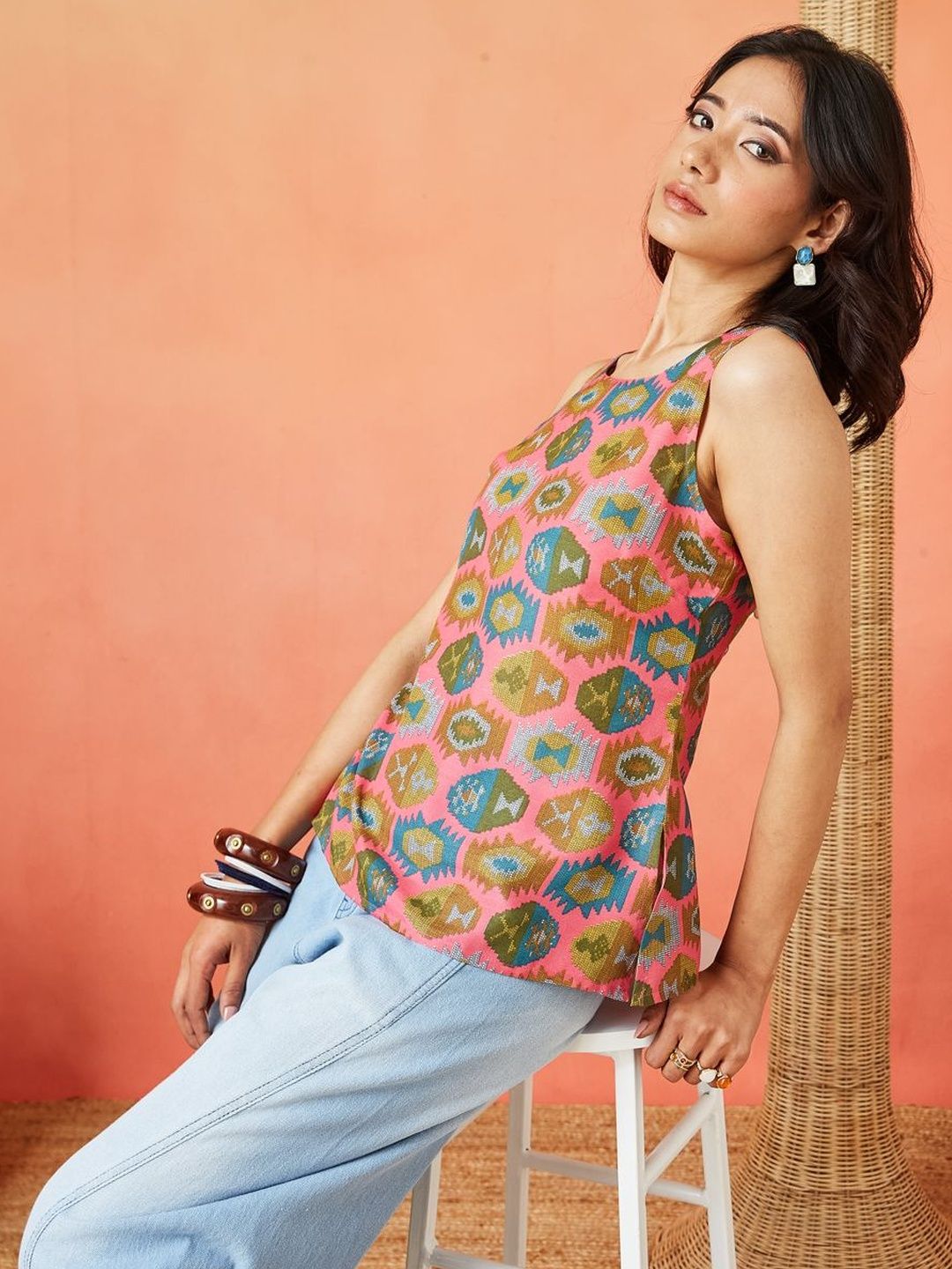Multicolor Pink and Olive Green Pure Cotton Ethnic Printed Sleeveless Top Featuring a Round Neck Design