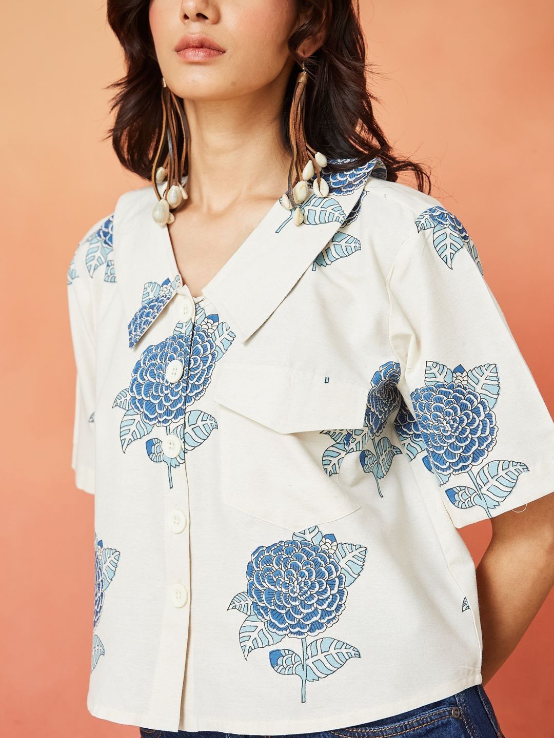 Cream and Blue Pure Cotton Floral Print Casual Shirt Featuring a Spread Collar Design