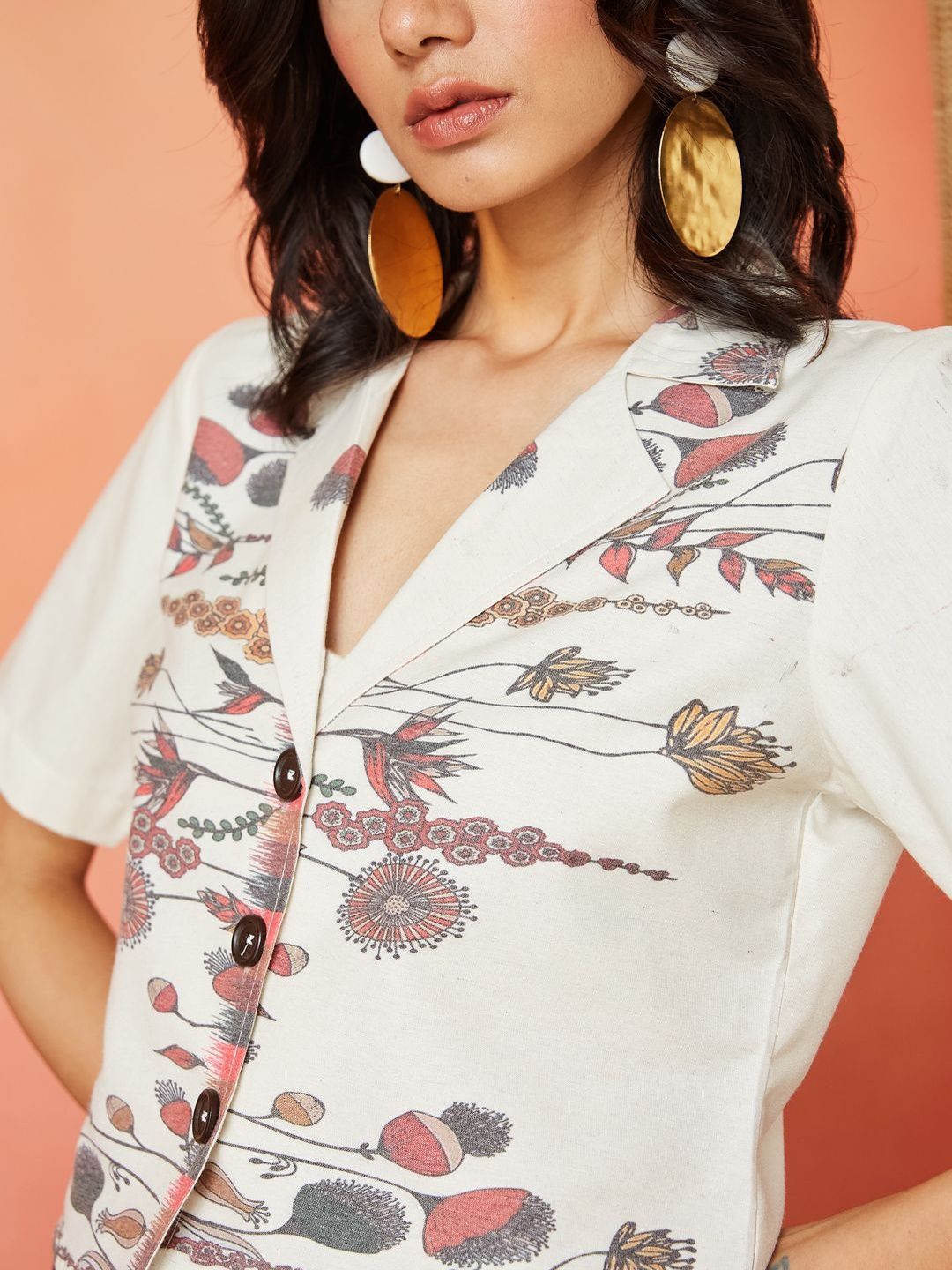 Cream Multi-Colored Pure Cotton Printed Casual Shirt Featuring a Notch Collar Design