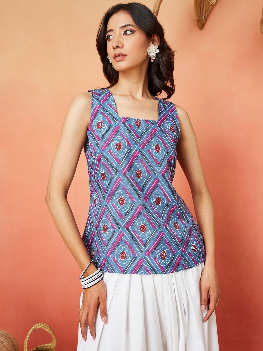 Blue Pure Cotton Geometric Print Ethnic Top Featuring a Square Neck Design
