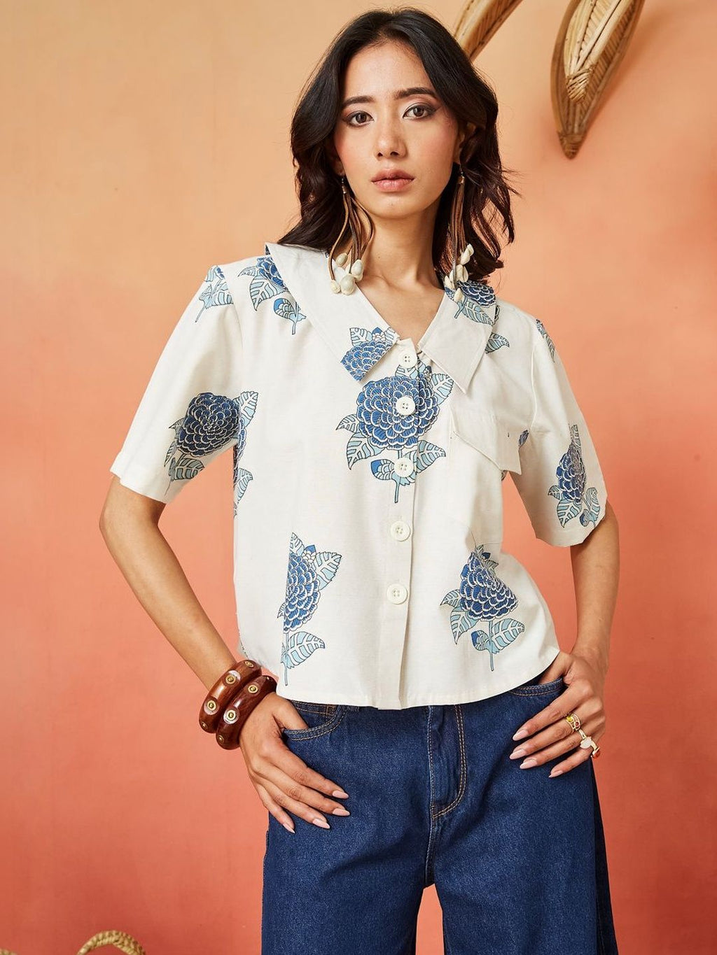 Cream and Blue Pure Cotton Floral Print Casual Shirt Featuring a Spread Collar Design
