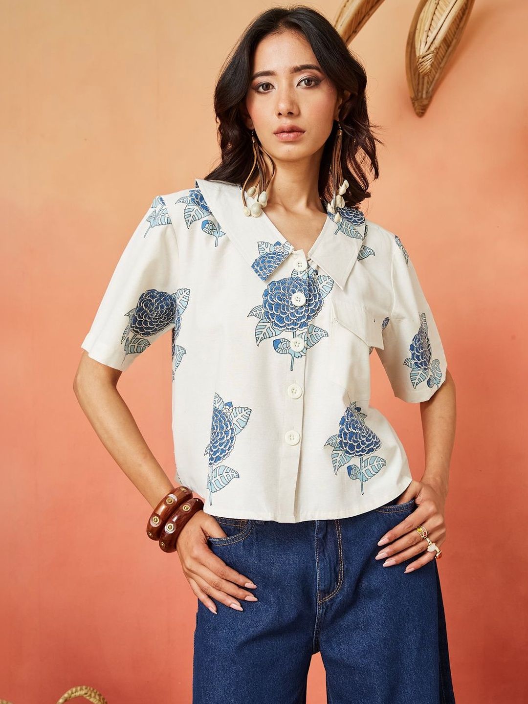 Cream and Blue Pure Cotton Floral Print Casual Shirt Featuring a Spread Collar Design