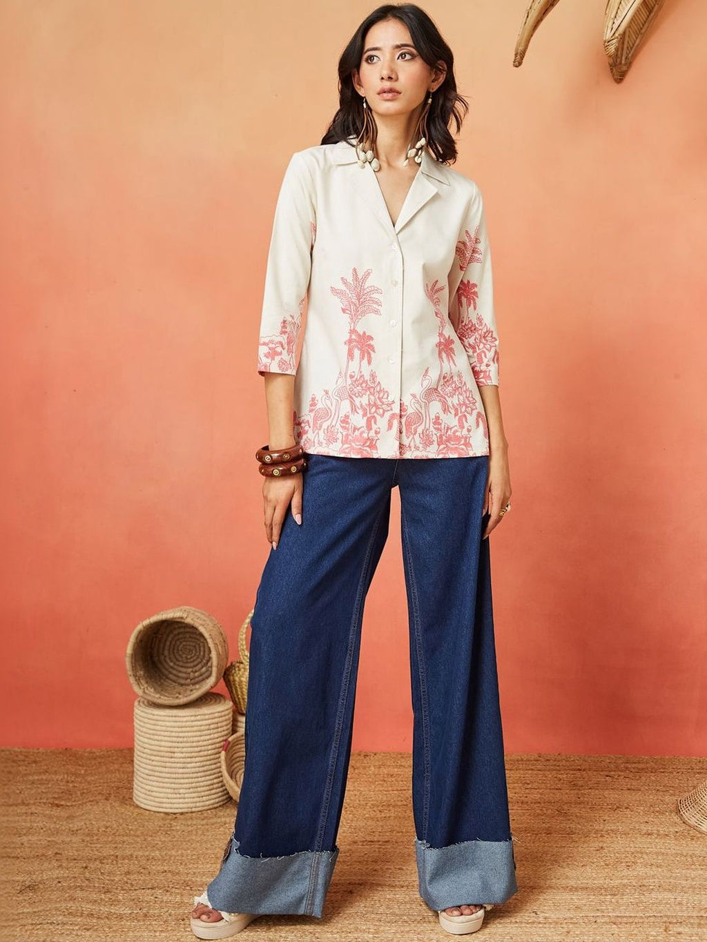 Cream and Pink Pure Cotton Tropical Print Casual Shirt Featuring a Notch Collar Design