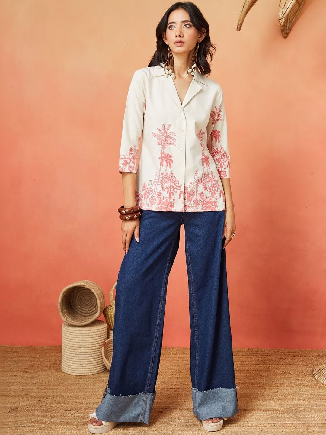 Cream and Pink Pure Cotton Tropical Print Casual Shirt Featuring a Notch Collar Design