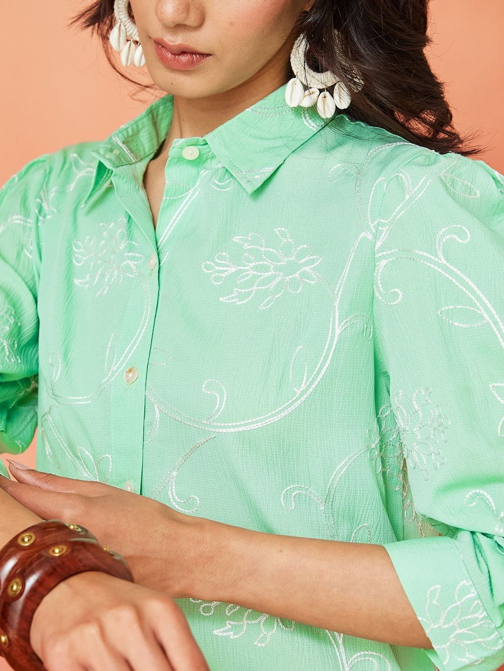 Light Green and White Pure Cotton Floral Thread Work Casual Shirt Featuring Puff Sleeves