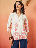 Cream and Pink Pure Cotton Tropical Print Casual Shirt Featuring a Notch Collar Design