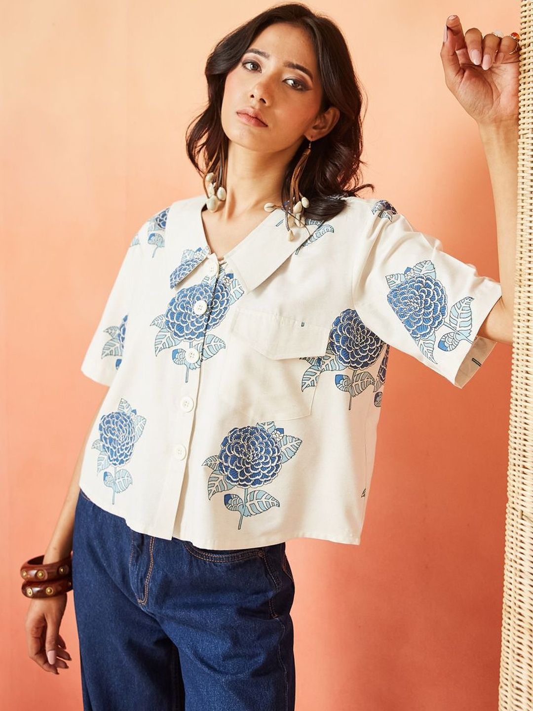 Cream and Blue Pure Cotton Floral Print Casual Shirt Featuring a Spread Collar Design