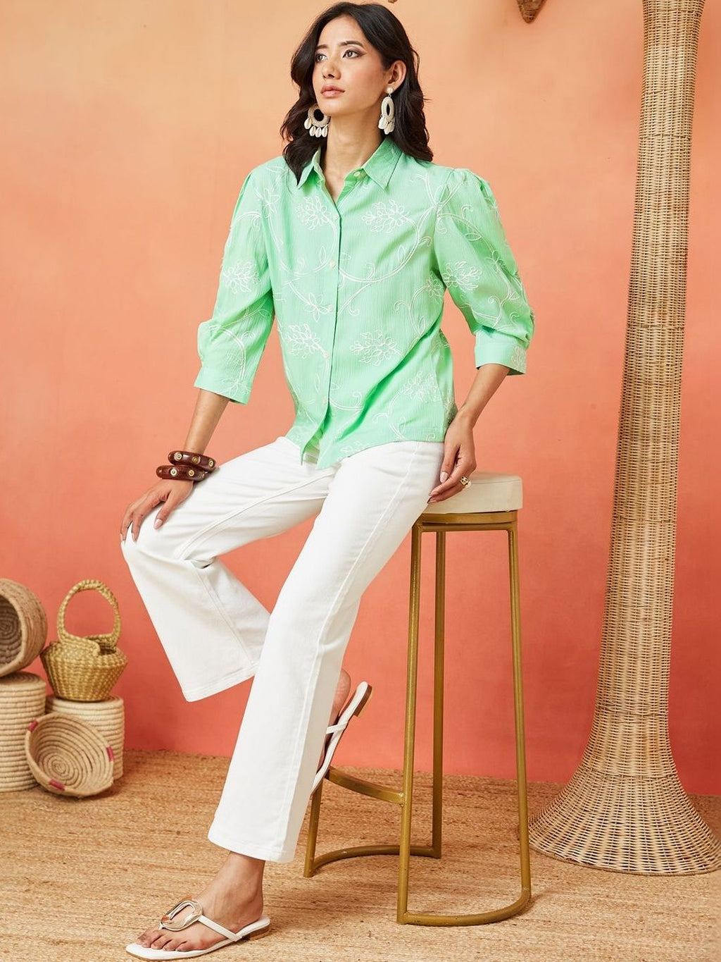 Light Green and White Pure Cotton Floral Thread Work Casual Shirt Featuring Puff Sleeves