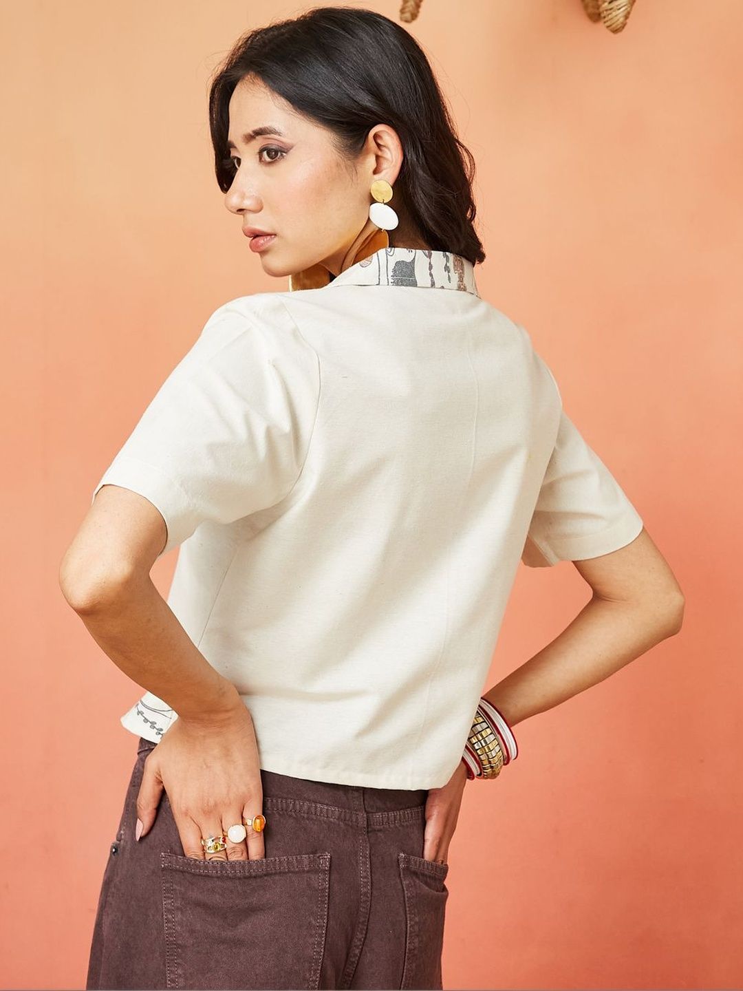 Cream Multi-Colored Pure Cotton Printed Casual Shirt Featuring a Notch Collar Design