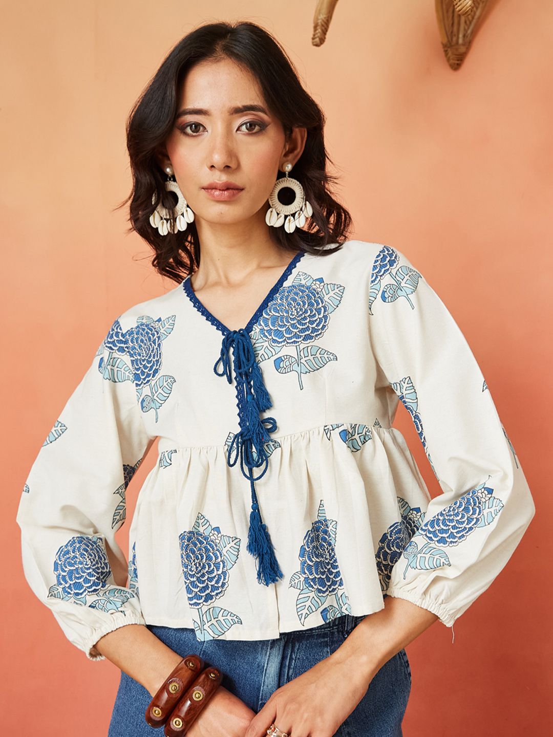 Cream and Blue Pure Cotton Floral Print Peplum Crop Top Featuring Bishop Sleeves and a Front Tie-Up Design