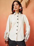 Cream Pure Cotton Casual Shirt with Floral Printed Sleeves Featuring a Standard Collar Design