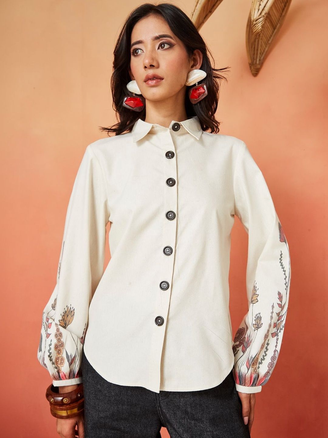 Cream Pure Cotton Casual Shirt with Floral Printed Sleeves Featuring a Standard Collar Design