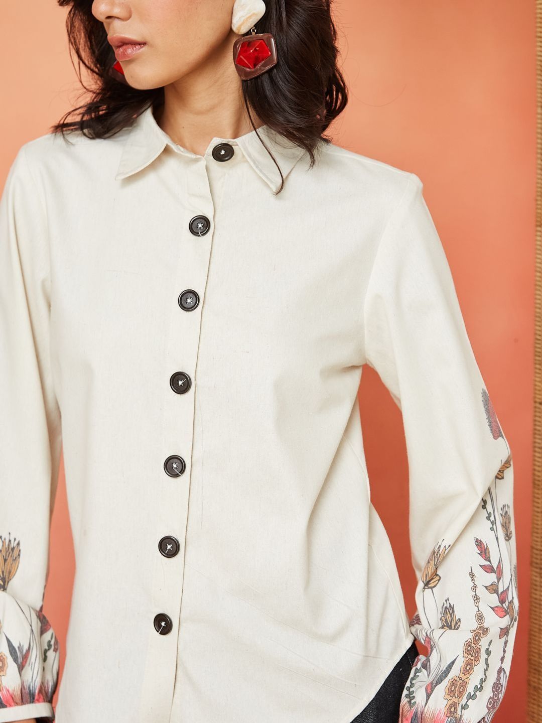 Cream Pure Cotton Casual Shirt with Floral Printed Sleeves Featuring a Standard Collar Design