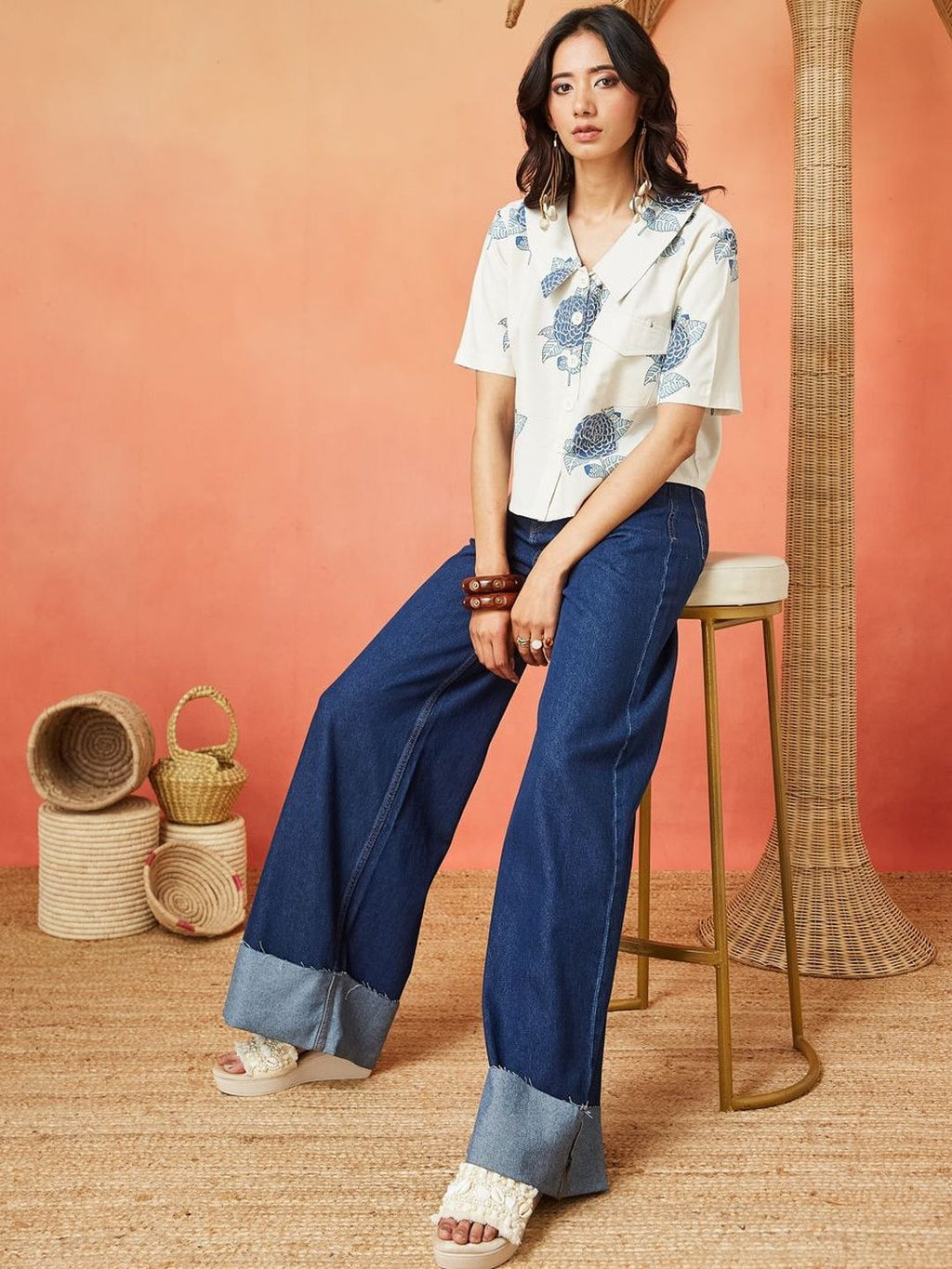 Cream and Blue Pure Cotton Floral Print Casual Shirt Featuring a Spread Collar Design