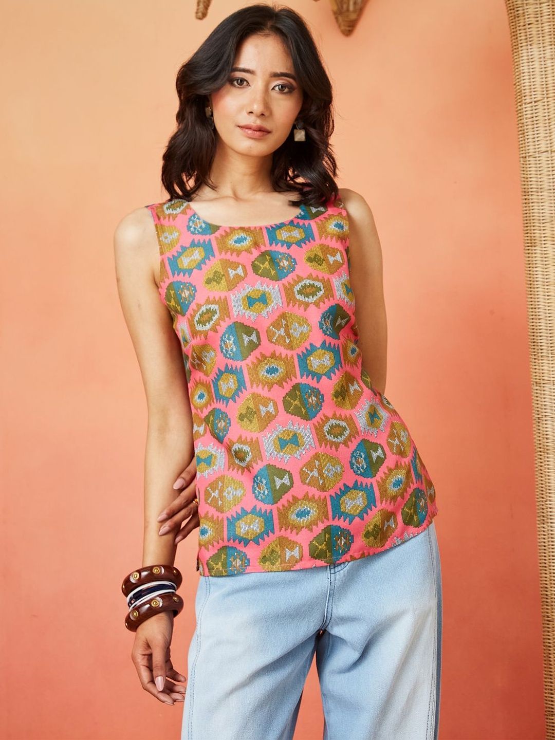 Multicolor Pink and Olive Green Pure Cotton Ethnic Printed Sleeveless Top Featuring a Round Neck Design