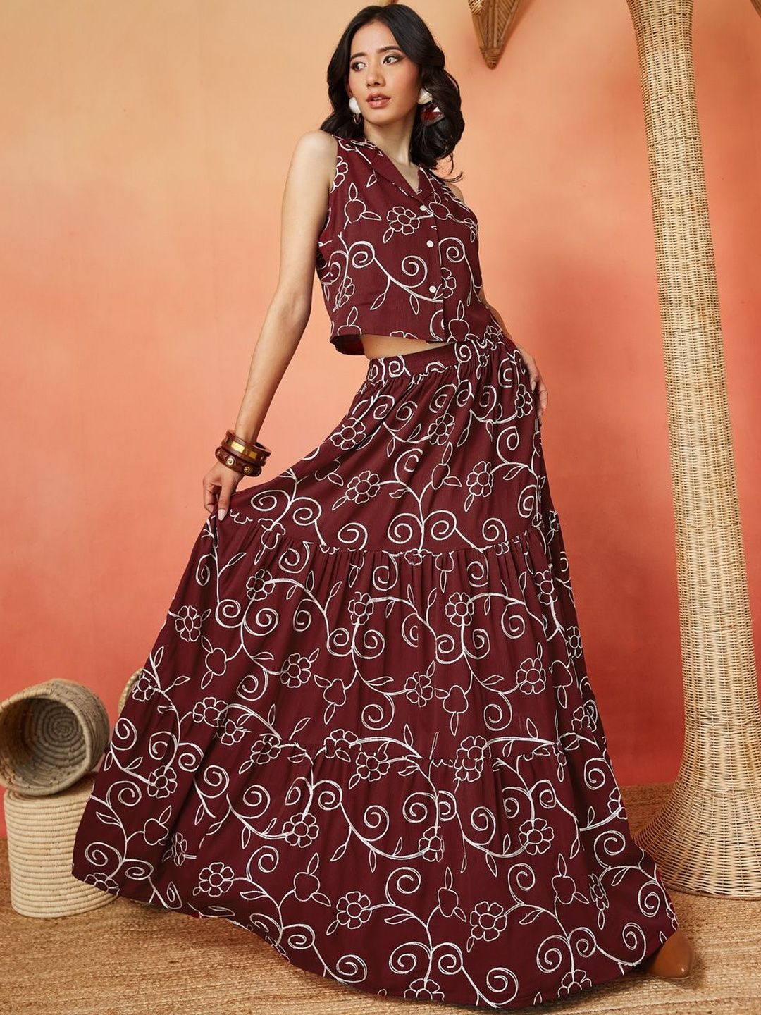 Maroon and White Pure Cotton Floral Print Sleeveless Top and Maxi Skirt Co-ord Set for Women