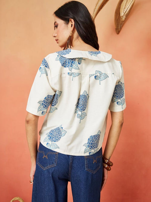 Cream and Blue Pure Cotton Floral Print Casual Shirt Featuring a Spread Collar Design