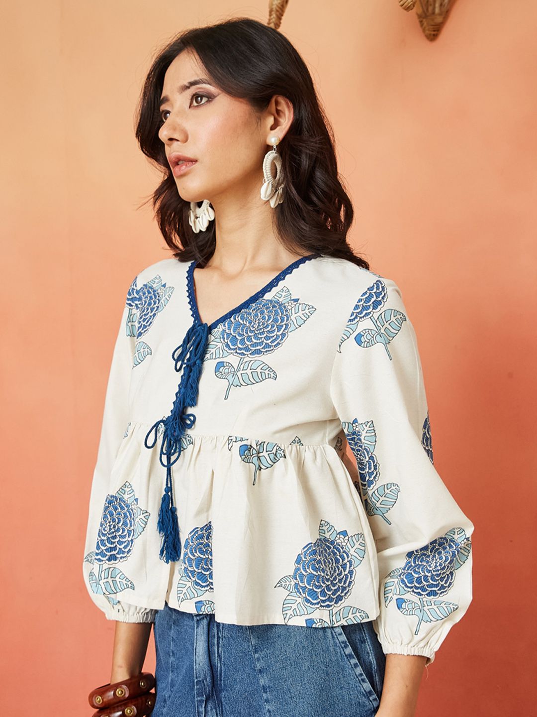 Cream and Blue Pure Cotton Floral Print Peplum Crop Top Featuring Bishop Sleeves and a Front Tie-Up Design