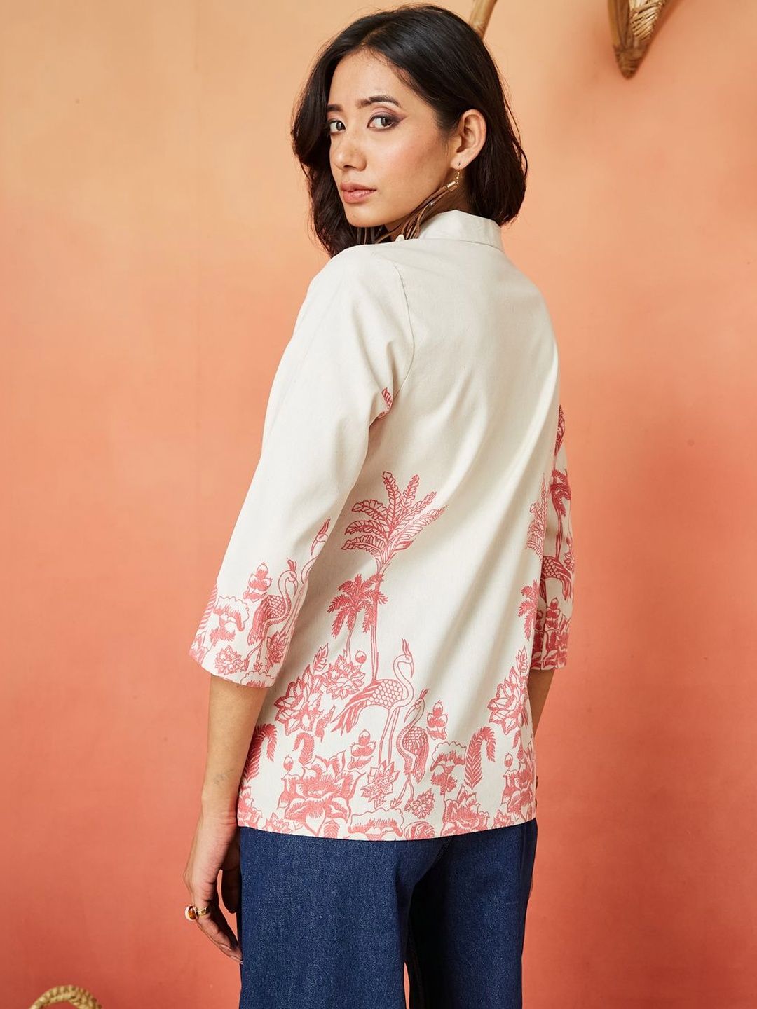 Cream and Pink Pure Cotton Tropical Print Casual Shirt Featuring a Notch Collar Design