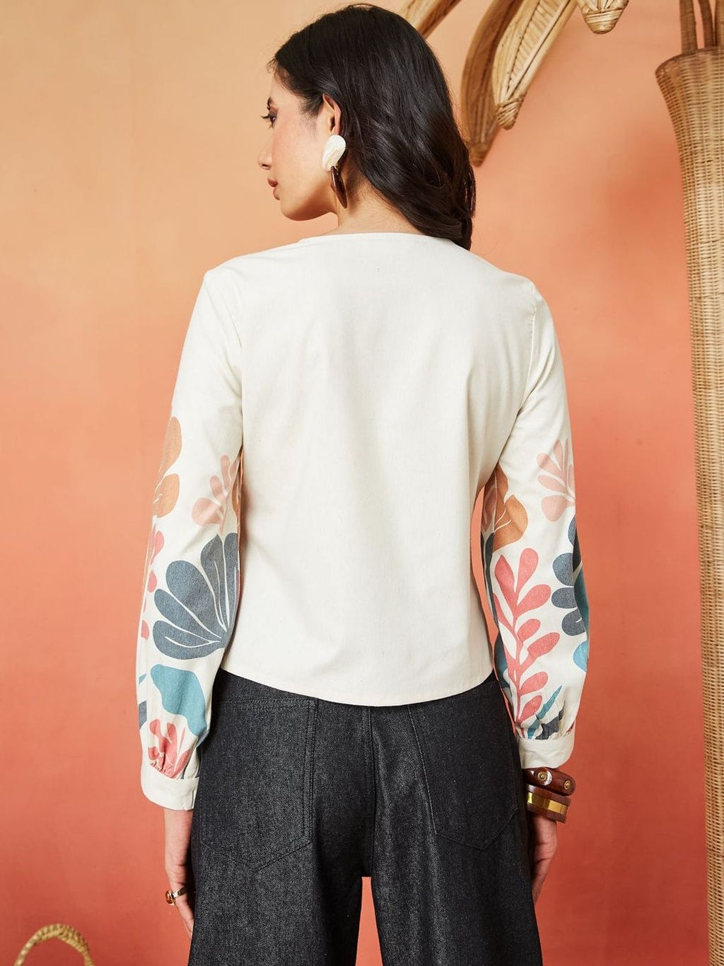 Cream Multi-Colored Pure Cotton Botanical Print Regular Shirt Featuring a Collarless Round Neck Design
