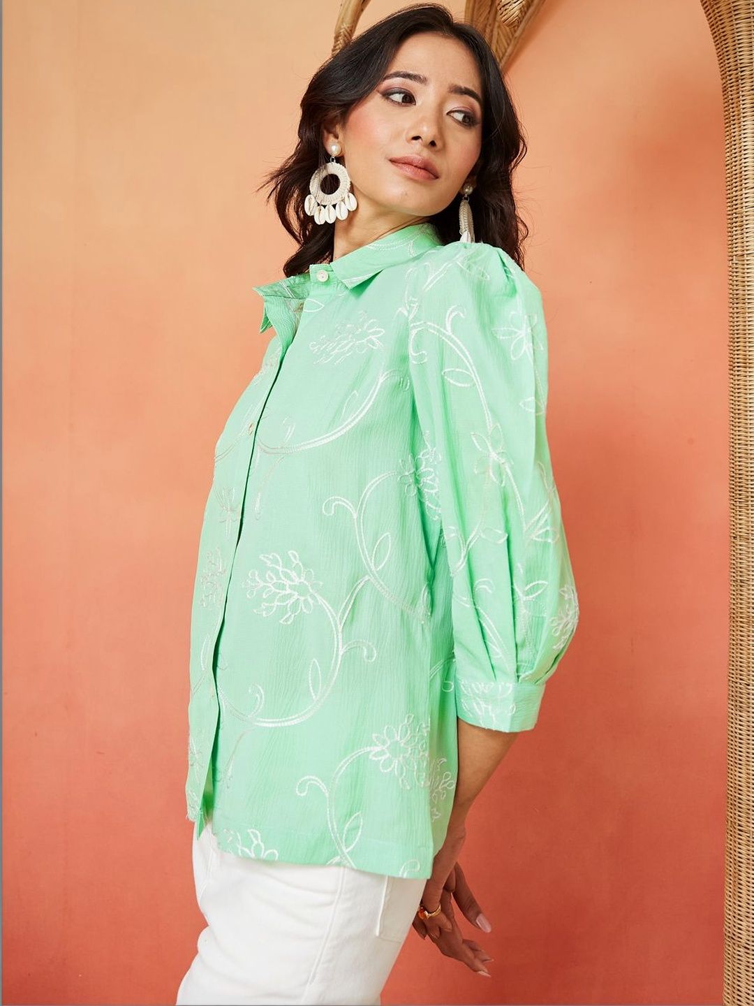 Light Green and White Pure Cotton Floral Thread Work Casual Shirt Featuring Puff Sleeves