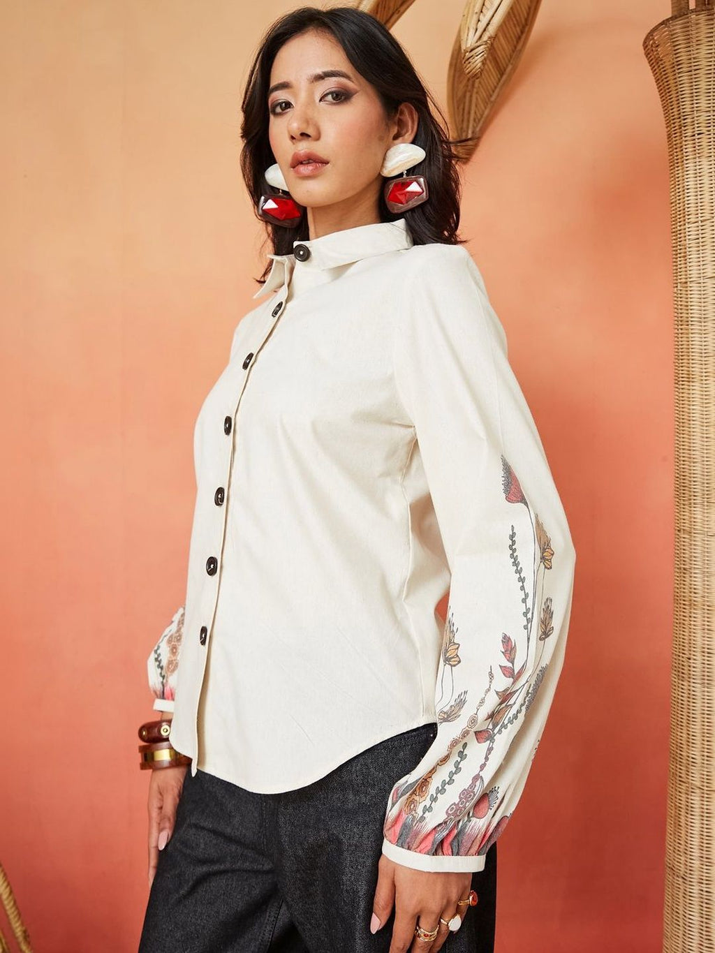 Cream Pure Cotton Casual Shirt with Floral Printed Sleeves Featuring a Standard Collar Design