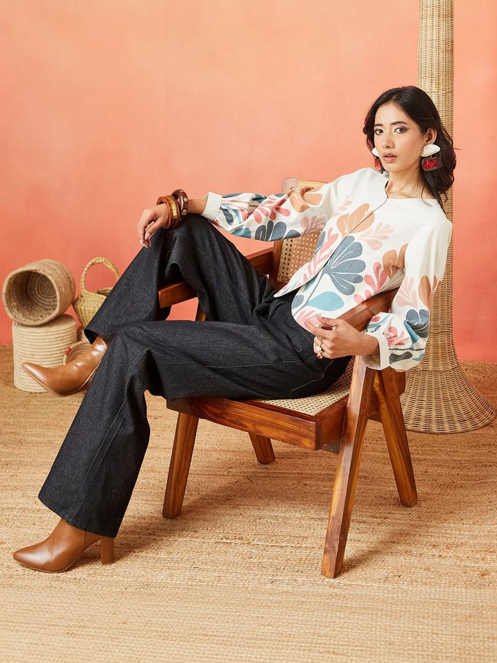 Cream Multi-Colored Pure Cotton Botanical Print Regular Shirt Featuring a Collarless Round Neck Design