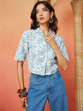 Cream and Blue Pure Cotton Paisley Print Casual Shirt Featuring a Notch Collar Design